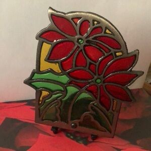 Vintage Stained Glass Holiday Poinsettia Candle Holder Tea light Cast Iron
